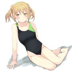 Rule 34 | 1girl, barefoot, black one-piece swimsuit, breasts, collarbone, competition swimsuit, double bun, enoki p, hair bun, highres, kantai collection, light brown hair, looking at viewer, michishio (kancolle), one-piece swimsuit, short hair, short twintails, simple background, sitting, small breasts, solo, swimsuit, twintails, wet, wet clothes, wet swimsuit, white background, yellow eyes, yokozuwari