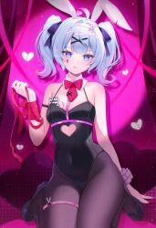 1girl :q absurdres ace_(playing_card) ace_of_hearts animal_ears armpit_crease bare_shoulders black_leotard blue_eyes blue_hair breasts broken_heart card clothing_cutout collar cutout_above_navel detached_collar fake_animal_ears fishnet_pantyhose fishnets hair_ornament hatsune_miku heart heart_cutout highres kooriais leotard looking_at_viewer object_in_bra official_alternate_costume pantyhose pink_pupils playboy_bunny playing_card rabbit_ears rabbit_hole_(vocaloid) red_ribbon ribbon small_breasts solo teardrop_facial_mark tongue tongue_out vocaloid white_collar x_hair_ornament