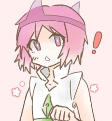 Rule 34 | !, 1other, androgynous, bright pupils, len&#039;en, no nose, other focus, pink background, pink eyes, pink hair, shion (len&#039;en), shirt, short hair, simple background, sleeveless, sleeveless shirt, solo, triangle mouth, triangular headpiece, upper body, white pupils, white shirt, zhaozhaozhaozhaozhao083