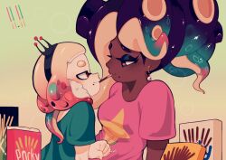 Rule 34 | 2girls, brown eyes, clem (calmeremerald), commentary, dark-skinned female, dark skin, earrings, english commentary, eye contact, food, food in mouth, green eyes, hairband, inkling, interracial, jewelry, looking at another, marina (splatoon), mole, mole under mouth, multiple girls, nintendo, octoling, pearl (splatoon), pocky, pocky day, pocky in mouth, pocky kiss, shared food, shirt, simple background, splatoon (series), splatoon 2, t-shirt, tentacle hair, yuri