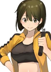Rule 34 | 1girl, alternate costume, breasts, brown eyes, brown hair, commentary, highres, hiryuu (kancolle), kantai collection, large breasts, looking at viewer, masukuza j, midriff, nunchaku, one side up, open clothes, open shirt, shirt, short hair, simple background, smile, solo, sports bra, upper body, weapon, white background, yellow shirt