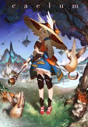 Rule 34 | 1girl, :d, animal, blonde hair, book, bracelet, falling star, floating island, flying, fur, grass, hat, highres, jewelry, looking at viewer, on shoulder, open mouth, red eyes, shooting star, short hair, sky, smile, standing, star (sky), starry sky, suzume yuu, thighhighs, tree, wand, wings