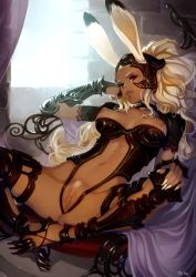 Rule 34 | 1girl, absurdres, animal ears, armor, bad id, bad twitter id, breasts, brown eyes, center opening, dark-skinned female, dark nipples, dark skin, ears through headwear, female pubic hair, final fantasy, final fantasy xii, fingernails, fran (ff12), high heels, highres, indoors, lips, long fingernails, long hair, looking at viewer, lying, medium breasts, navel, nipples, on back, optionaltypo, parted lips, pubic hair, pussy, rabbit ears, revealing clothes, signature, solo, spread legs, square enix, thighhighs, uncensored, vambraces, viera, white hair