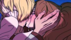 Rule 34 | 1boy, 1girl, absurdres, blonde hair, blush, brown hair, charlotte pudding, closed eyes, couple, crying, facial hair, full-face blush, hair over one eye, hand on another&#039;s face, hetero, highres, jacket, juliet sleeves, kiss, long hair, long sleeves, one piece, open clothes, pink sweater, puffy sleeves, rita ya, sanji (one piece), shirt, short hair, sweater, tears, third eye, twintails