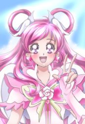 Rule 34 | 1girl, :d, blue background, blush, butterfly brooch, cure dream, cure nico, earrings, flower brooch, hair rings, jewelry, long hair, looking at viewer, magical girl, open mouth, pink hair, pink theme, precure, purple eyes, shining dream, smile, solo, upper body, v, white wings, wing hair ornament, wings, wrist cuffs, yes! precure 5, yes! precure 5 gogo!, yumehara nozomi