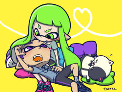Rule 34 | 1boy, 1girl, bike shorts, blue hair, blush, cat, couple, dress shirt, eye contact, fangs, green eyes, green hair, heart, hetero, inkling, inkling boy, inkling girl, inkling player character, judd (splatoon), lap pillow, looking at another, nintendo, pillow, pointy ears, ponytail, purple eyes, purple hair, shirt, shoes, simple background, sitting, sneakers, splatoon (series), splatoon 1, t-shirt, tama 2400, tentacle hair, yellow background