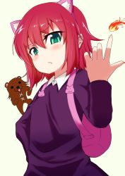 Rule 34 | 1girl, animal ears, annie (league of legends), blush, cat ears, child, fake animal ears, fang, green eyes, kuma (2ch), league of legends, looking at viewer, morochin (mo loss an), pedobear, red hair, simple background, tibbers, white background