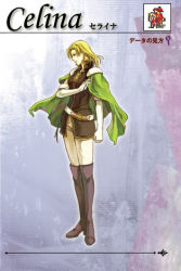 Rule 34 | 1girl, belt, blonde hair, blue eyes, boots, cape, elbow gloves, female focus, fire emblem, fire emblem: the sacred stones, full body, gloves, gradient background, long hair, lowres, nintendo, official art, pants, selena (fire emblem: the sacred stones), short hair, solo, thigh boots, thighhighs