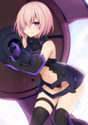 Rule 34 | 1girl, armor, armored dress, backlighting, bare legs, bare shoulders, black dress, black gloves, black leotard, black thighhighs, blurry, blurry background, blush, breasts, cleavage, clothing cutout, dress, elbow gloves, fate/grand order, fate (series), female focus, gloves, grin, hair over one eye, holding, holding shield, large breasts, leaning, leaning forward, legs, leotard, light purple hair, looking at viewer, mash kyrielight, muryotaro, navel, navel cutout, over-kneehighs, parted lips, pink hair, purple eyes, purple gloves, shield, short hair, sleeveless, sleeveless dress, smile, solo, standing, tears, thigh strap, thighhighs, type-moon