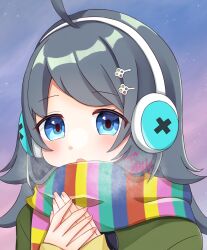 Rule 34 | 1girl, black hair, blue eyes, blush, breath, hair ornament, hairclip, hands on own chest, headphones, inohara koboshi, long hair, long sleeves, looking at viewer, ongeki, open mouth, own hands together, scarf, solo, striped clothes, striped scarf, u amy1207, upper body