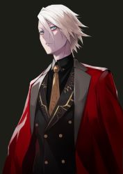 Rule 34 | 1boy, bishounen, black jacket, blue eyes, brown background, cape, commentary request, dark background, fate/grand order, fate (series), formal, hair between eyes, highres, jacket, karna (fate), karna (formal dress) (fate), looking at viewer, looking to the side, male focus, manly, necktie, pale skin, red cape, short hair, simple background, solo, standing, upper body, white hair, yellow necktie, yoshio (55level)