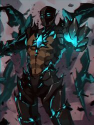 Rule 34 | 1boy, armor, black armor, chest jewel, commentary, counter:side, cowboy shot, full armor, glowing, glowing armor, glowing eyes, highres, male focus, outdoors, replacer king, solo, standing, zanlyu
