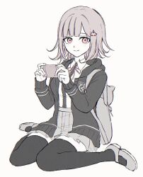 Rule 34 | 1girl, backpack, bag, brown hair, closed mouth, collared shirt, commentary request, danganronpa (series), danganronpa 2: goodbye despair, galaga, greyscale, hair ornament, handheld game console, hikutsuna nikukai, holding, holding handheld game console, jacket, long sleeves, medium hair, miniskirt, monochrome, nanami chiaki, neck ribbon, open clothes, open jacket, pink eyes, pleated skirt, ribbon, shirt, shirt tucked in, shoes, sitting, skirt, smile, solo, thighhighs