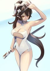 Rule 34 | 1girl, arm up, armpits, azur lane, bad id, bad pixiv id, bare shoulders, black hair, blunt bangs, bow, brown eyes, collarbone, commentary request, eyes visible through hair, flower, hair between eyes, hair bow, hair flower, hair ornament, hair ribbon, highres, holding, holding sword, holding weapon, katana, long hair, looking at viewer, manjirou (manji illust), official alternate costume, one-piece swimsuit, ponytail, ribbon, sidelocks, simple background, smile, solo, swimsuit, sword, takao (azur lane), takao (beach rhapsody) (azur lane), two-tone background, weapon, white one-piece swimsuit