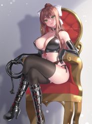 Rule 34 | 1girl, artist name, bare shoulders, belt boots, black footwear, black gloves, black socks, black thighhighs, blush, boots, breasts, brown hair, chair, closed mouth, collar, colored eyelashes, commission, cross-laced footwear, crossed legs, doki doki literature club, elbow gloves, gloves, green eyes, hair ribbon, high heel boots, high heels, highres, holding, holding whip, knee boots, kneehighs, lace-up boots, large breasts, long hair, looking at viewer, monika (doki doki literature club), navel, ponytail, potetos7, ribbon, sitting, smile, socks, solo, thighhighs, thighhighs under boots, thighs, whip, white ribbon
