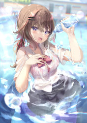 Rule 34 | 1girl, :d, bad id, bad pixiv id, black skirt, blurry, blurry background, bottle, bra, brown hair, collared shirt, commentary request, day, depth of field, dress shirt, hair between eyes, hair ornament, hairclip, hand up, highres, holding, holding bottle, long hair, low twintails, moe2022, natuna natu, open mouth, original, outdoors, pouring, pouring onto self, purple eyes, revision, school uniform, see-through, shirt, skirt, smile, solo, striped bra, striped clothes, twintails, underwear, vertical-striped bra, vertical-striped clothes, water, water bottle, wet, wet clothes, wet shirt