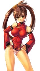 Rule 34 | 1girl, akamaru, arc system works, bare shoulders, blush, breasts, brown eyes, brown hair, china dress, chinese clothes, clothes lift, detached sleeves, dress, dress lift, guilty gear, hair rings, hands on own hips, impossible clothes, impossible shirt, kuradoberi jam, large breasts, legs, lifting own clothes, long hair, panties, red dress, red skirt, see-through, shiny clothes, shiny skin, shirt, short dress, skin tight, skinny, skirt, skirt lift, slender, smile, solo, twintails, underwear, white panties