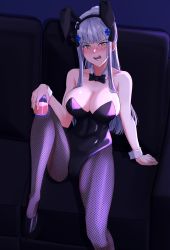 Rule 34 | 1girl, absurdres, alcohol, animal ears, bare shoulders, black bow, black bowtie, black footwear, blue hair, blush, bow, bowtie, breasts, cleavage, collarbone, couch, cup, cyka, drunk, fake animal ears, feet out of frame, fishnet pantyhose, fishnets, girls&#039; frontline, green eyes, hair ornament, hairclip, high heels, highres, hk416 (girls&#039; frontline), holding, holding cup, large breasts, leotard, long hair, looking at viewer, open mouth, pantyhose, playboy bunny, simple background, sitting, solo, teardrop facial mark, teardrop tattoo, teeth, upper teeth only