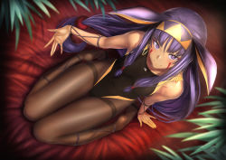 Rule 34 | 1girl, animal ears, arm at side, arm support, bare shoulders, big hair, blunt bangs, breasts, breasts apart, brown pantyhose, closed mouth, collarbone, competition swimsuit, covered navel, dark-skinned female, dark skin, earrings, egyptian, eyelashes, facepaint, facial mark, fake animal ears, fate/grand order, fate (series), fingernails, from above, full body, hair between eyes, hair ornament, hair rings, hair tubes, hairband, hand up, highleg, highleg swimsuit, highres, hoop earrings, jewelry, lace-up, leaf, long fingernails, long hair, looking at viewer, looking up, low-tied long hair, medium breasts, nail polish, nitocris (fate), one-piece swimsuit, pantyhose, pantyhose under swimsuit, plant, purple eyes, purple hair, rabbit ears, reclining, red nails, sidelocks, sitting, skin tight, smile, soles, solo, swimsuit, thigh gap, thighband pantyhose, toes, toned, ulrich (tagaragakuin), very long hair, wariza