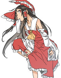 Rule 34 | 1girl, ascot, bow, brown hair, detached sleeves, dynamic pose, expressionless, gohei, hair bow, hair tubes, hakurei reimu, highres, medium hair, mouth hold, nontraditional miko, numa (minus 4k), red bow, red eyes, sidelocks, simple background, solo, touhou, white background, yellow ascot