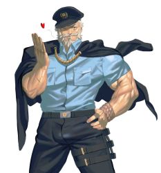 Rule 34 | 1boy, alternate costume, bara, beard, blowing kiss, blue shirt, bulge, facial hair, hand on own hip, hand up, hat, hogen (housamo), jacket, jacket on shoulders, male focus, muscular, muscular male, mustache, one eye closed, pikako182, pocket, scar, shirt, simple background, solo, standing, thigh strap, tokyo houkago summoners, white background, white hair