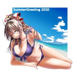 Rule 34 | 1girl, ashigara (kancolle), bare arms, bare legs, bare shoulders, beach, bikini, blue sky, breasts, brown eyes, brown hair, cleavage, cloud, commentary request, day, fang, gluteal fold, hairband, halterneck, kantai collection, long hair, looking at viewer, lying, nail polish, navel, ocean, on side, one eye closed, open mouth, ponytail, purple bikini, side-tie bikini bottom, sky, smile, solo, string bikini, swimsuit, thigh gap, udukikosuke, white background, yellow eyes