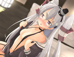 Rule 34 | 10s, 1girl, aiba kou, amatsukaze (kancolle), blush, breasts, brown eyes, choker, dress, covered erect nipples, garter straps, kantai collection, long hair, looking at viewer, open clothes, open dress, open mouth, sailor dress, school uniform, serafuku, silver hair, small breasts, solo, twintails, two side up, undressing