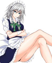 Rule 34 | 1girl, apron, black panties, blue dress, blue eyes, bow, braid, breasts, crossed arms, crossed legs, dress, eyelashes, frilled dress, frills, green bow, green ribbon, hair between eyes, hair bow, head tilt, izayoi sakuya, looking at viewer, maid, maid headdress, medium breasts, neck ribbon, panties, pantyshot, parted lips, puffy short sleeves, puffy sleeves, ribbon, short hair, short sleeves, silver hair, sitting, solo, thighs, touhou, tsurime, twin braids, underwear, waist apron, watarase piro, white background, wrist cuffs