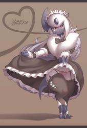 Rule 34 | 1girl, 2017, :3, absol, absurdres, animal hands, artist name, black bow, black dress, black ribbon, black thighhighs, blush, bow, bow panties, brown background, claws, clothes lift, creatures (company), dated, dress, dress lift, feet, female focus, frilled dress, frilled sleeves, frills, full body, furry, furry female, game freak, garter belt, garter straps, gen 3 pokemon, half-closed eyes, hands up, heart, highres, horns, leg lift, letterboxed, lifting own clothes, lingerie, long hair, looking at viewer, maid, maid headdress, nintendo, panties, pink panties, pokemon, pokemon (creature), pokemon rse, red eyes, ribbon, short sleeves, signature, simple background, single horn, smile, solo, standing, standing on one leg, striped clothes, striped panties, text focus, thick thighs, thighhighs, thighs, underwear, white hair, zinfyu