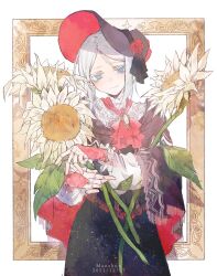 Rule 34 | 1girl, artist name, ascot, black dress, black hat, bloodborne, blue eyes, bonnet, brooch, closed mouth, cowboy shot, dated, doll joints, dress, flower, hat, hat flower, highres, holding, holding flower, jewelry, joints, long sleeves, maou skun, picture frame, plain doll, red ascot, short hair with long locks, smile, solo, standing, sunflower, white background, white hair