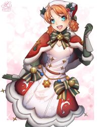 Rule 34 | 1girl, annette fantine dominic, bandana, blue eyes, breasts, cape, christmas, cleavage, dress, fire emblem, fire emblem: three houses, fire emblem heroes, fire emblem warriors: three hopes, gloves, green ribbon, highres, mistletoe hair ornament, neck ribbon, nintendo, official alternate costume, official alternate hairstyle, open mouth, orange hair, red cape, red dress, ribbon, small breasts, smile, smkittykat, solo, teeth, upper teeth only, watermark, white dress, wrist guards