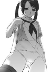 Rule 34 | 1girl, black hair, clothes lift, greyscale, ino (magloid), lowres, mochizuki nonoka, monochrome, otome function, panties, skirt, skirt lift, solo, thighhighs, twintails, underwear, upskirt