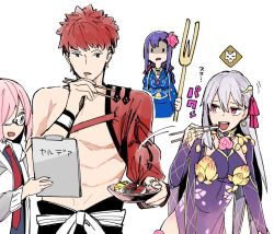 Rule 34 | 1boy, 3girls, :d, bowl, caught, check commentary, chopsticks, clipboard, commentary request, earrings, emiya shirou, fate/grand order, fate (series), fish (food), flower, food, food theft, glasses, gloom (expression), gunkanmaki, hair flower, hair ornament, hair ribbon, hand on own chin, holding, holding weapon, igote, jewelry, jitome, kama (fate), kama (second ascension) (fate), limited/zero over, mash kyrielight, matou sakura, multiple girls, naosuke (morioka shachuu), necktie, nigirizushi, open mouth, parvati (fate), pink hair, purple hair, red eyes, red hair, ribbon, senji muramasa (fate), simple background, smile, sushi, theft, weapon, white background, white hair, wristband
