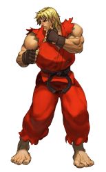 Rule 34 | 1boy, animated, animated png, arnold tsang, barefoot, blonde hair, dougi, fighting stance, fingerless gloves, full body, gloves, ken masters, male focus, muscular, official style, sleeveless, solo, steamboy (artist), street fighter, street fighter iii (series), toes, transparent background