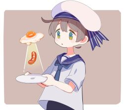 Rule 34 | 1girl, blush, brown hair, food, fried egg, green eyes, hat, holding, holding plate, looking away, original, parted lips, plate, sailor hat, sausage, short hair, short sleeves, solo, sorata123, ufo