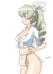 Rule 34 | 1girl, alternate costume, anchovy (girls und panzer), blush, breasts, cameltoe, cleavage, closed mouth, collarbone, drill hair, fundoshi, girls und panzer, green hair, hair ribbon, hands on own hips, highres, hiyama yuu (wee259hiyama), japanese clothes, large breasts, long hair, mizu happi, red eyes, ribbon, smile, solo, twin drills, twintails