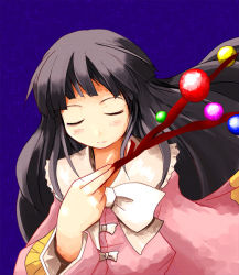 Rule 34 | 1girl, blouse, blush, bow, bowtie, branch, buttons, closed eyes, collar, female focus, frills, glowing, houraisan kaguya, kanoe soushi, long hair, long sleeves, shirt, smile, solo, touhou, upper body, very long hair, white bow, white bowtie
