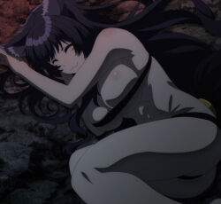 Rule 34 | 1girl, animal ear fluff, animal ears, ass, bare shoulders, black hair, breasts, cleavage, closed eyes, delta (kage no jitsuryokusha ni naritakute!), happy, highres, kage no jitsuryokusha ni naritakute!, large breasts, long hair, lying, navel, on floor, revealing clothes, screencap, stitched, stomach, tail, thighs, third-party edit, underboob, wolf ears, wolf girl, wolf tail