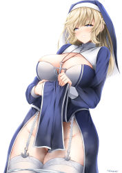 Rule 34 | 1girl, alternate costume, anchor necklace, blonde hair, blue dress, blue eyes, braid, breasts, cleavage cutout, clothing cutout, cowboy shot, double bun, dress, habit, hair bun, heart, heart-shaped pupils, highres, jewelry, kantai collection, kuon (break through), large breasts, long hair, long sleeves, necklace, nun, panties, panty pull, pelvic curtain, pussy juice, ranger (kancolle), side braids, solo, standing, symbol-shaped pupils, underwear, white background, white panties
