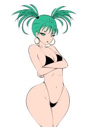 Rule 34 | 1girl, alternate hairstyle, ass, bikini, bra, breasts, crossed arms, curly hair, curvy, earrings, female focus, green eyes, green hair, highres, huge ass, jewelry, looking at viewer, one-punch man, solo, swimsuit, tatsumaki, thick thighs, thighs, thong, thong bikini, tight clothes, twintails, underwear, wide hips, zonen404