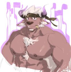 Rule 34 | 1boy, abs, animal ears, bara, brown fur, camouflage, camouflage headwear, chest hair, cow ears, cow horns, cropped torso, dichuan (arriverw), furry, furry male, headband, highres, horns, large pectorals, looking at viewer, male focus, mature male, minotaur, muscular, muscular male, nipples, nude, pectorals, purple eyes, purple horns, sanpaku, shennong (housamo), short hair, solo, strongman waist, thick eyebrows, tokyo houkago summoners