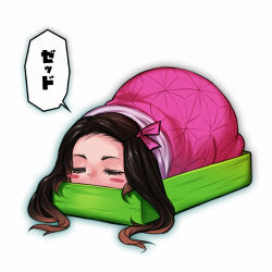 Rule 34 | 1girl, black hair, blanket, blush stickers, box, brown hair, chibi, covered mouth, eyelashes, female focus, forehead, garfield, gradient hair, hair ribbon, in box, in container, kamado nezuko, kimetsu no yaiba, long hair, lying, multicolored hair, on stomach, ribbon, sleeping, solo, translation request, voodoothur, white background
