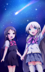 Rule 34 | 10s, 2girls, black hair, blue eyes, bow, cape, charlotte (anime), company connection, crossover, fang, key (company), konaa, little busters!, long hair, multiple girls, night, night sky, noumi kudryavka, open mouth, otosaka ayumi, pink bow, purple eyes, school uniform, silver hair, sky, smile, standing, star (sky), thighhighs, trait connection