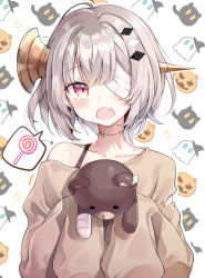 Rule 34 | 1girl, :o, bandage over one eye, blush, brown shirt, candy, collarbone, commentary request, fang, food, grey hair, halloween, highres, holding, holding stuffed toy, lollipop, long sleeves, looking at viewer, myuton, off shoulder, open mouth, original, red eyes, shirt, short hair, simple background, sleeves past fingers, sleeves past wrists, solo, spoken food, stitched neck, stitches, stuffed animal, stuffed toy, swirl lollipop, teddy bear, torn clothes, torn shirt, upper body, white background