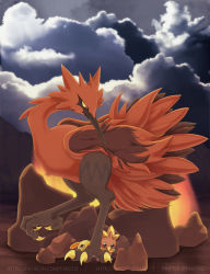 Rule 34 | animal focus, bird, black cloud, black eyes, claws, cloud, cloudy sky, commentary, creatures (company), english commentary, galarian form, galarian zapdos, game freak, gen 2 pokemon, gen 3 pokemon, gen 8 pokemon, highres, legendary pokemon, looking at viewer, natu, nintendo, outdoors, pokemon, pokemon (creature), rock, sky, standing, standing on one leg, takoto, torchic, watermark, web address