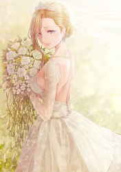 Rule 34 | 1girl, absurdres, azur lane, back, backless dress, backless outfit, blonde hair, blue eyes, breasts, bridal veil, clothing cutout, cross-laced clothes, cross-laced cutout, detached sleeves, diadem, dress, earrings, flower, from side, hair bun, highres, holding, holding flower, hood (azur lane), hood (rosey love poem) (azur lane), jewelry, looking at viewer, looking back, medium breasts, necklace, parted lips, peppe, short hair with long locks, sideboob, single hair bun, sleeveless, sleeveless dress, smile, solo, standing, strapless, strapless dress, veil, white dress, white flower