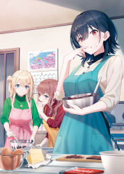 Rule 34 | 3girls, apron, aqua eyes, black shirt, blonde hair, blush, bowl, brown hair, butter, calendar (object), cardigan, cherry blossom print, chocolate, closed mouth, commentary request, day, door, egg, floral print, food, green shirt, highres, holding, holding bowl, hyuuga azuri, indoors, kitchen, long hair, long sleeves, looking away, multiple girls, nail polish, open mouth, original, pink nails, red cardigan, red eyes, shirt, sidelocks, smile, standing, sun, turtleneck, vest, white vest