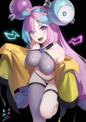 Rule 34 | 1girl, bow-shaped hair, breasts, character hair ornament, commentary request, creatures (company), game freak, gen 1 pokemon, hair ornament, hexagon print, highres, iono (pokemon), jacket, large breasts, looking at viewer, magnemite, multicolored hair, nintendo, oversized clothes, pink eyes, pink hair, pokemon, pokemon sv, shadow cat (yingmiao), sharp teeth, sleeves past fingers, sleeves past wrists, solo, split-color hair, teeth, thighs, two-tone hair, very long sleeves, yellow jacket
