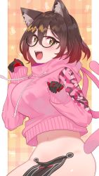 Rule 34 | 1girl, absurdres, android, animal ear fluff, animal ears, black-framed eyewear, black gloves, blush, breasts, brown hair, cat, cat ears, commentary, cowboy shot, glasses, gloves, hair between eyes, highres, hololive, kemonomimi mode, large breasts, looking at viewer, mechanical arms, midriff, navel, open mouth, pink sweater, plaid, plaid background, roboco-san, roboco-san (hoodie), short hair, sleeves past wrists, smile, solo, star (symbol), sweater, symbol-shaped pupils, thighs, tonarikeru, turtleneck, turtleneck sweater, virtual youtuber, yellow eyes