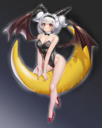 Rule 34 | 1girl, absurdres, alvis (last origin), animal ears, bat wings, beetee, black background, black bow, black bowtie, black footwear, black leotard, bow, bowtie, breasts, crescent, demon girl, detached collar, fake animal ears, full body, gradient background, high heels, highres, last origin, leotard, looking at viewer, medium breasts, medium hair, playboy bunny, rabbit ears, rabbit tail, red eyes, solo, tail, thick eyebrows, two side up, white hair, wings, wrist cuffs